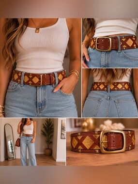 Linea Pelle Studded Genuine Leather Belt – Boho Western Y2K Statement Belt